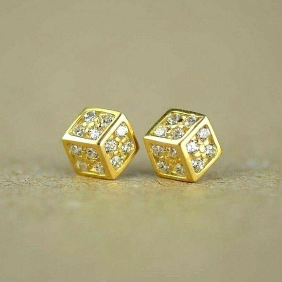 Solid 14K Gold Fancy Post Dice Stud Push Back Earrings Small 5.6 x 6.3 mm - Picture 2 of 11